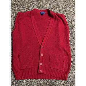 TOWNCRAFT  Red knit acrylic cardigan sweater vest Large  90s‎ grandpa golf E11